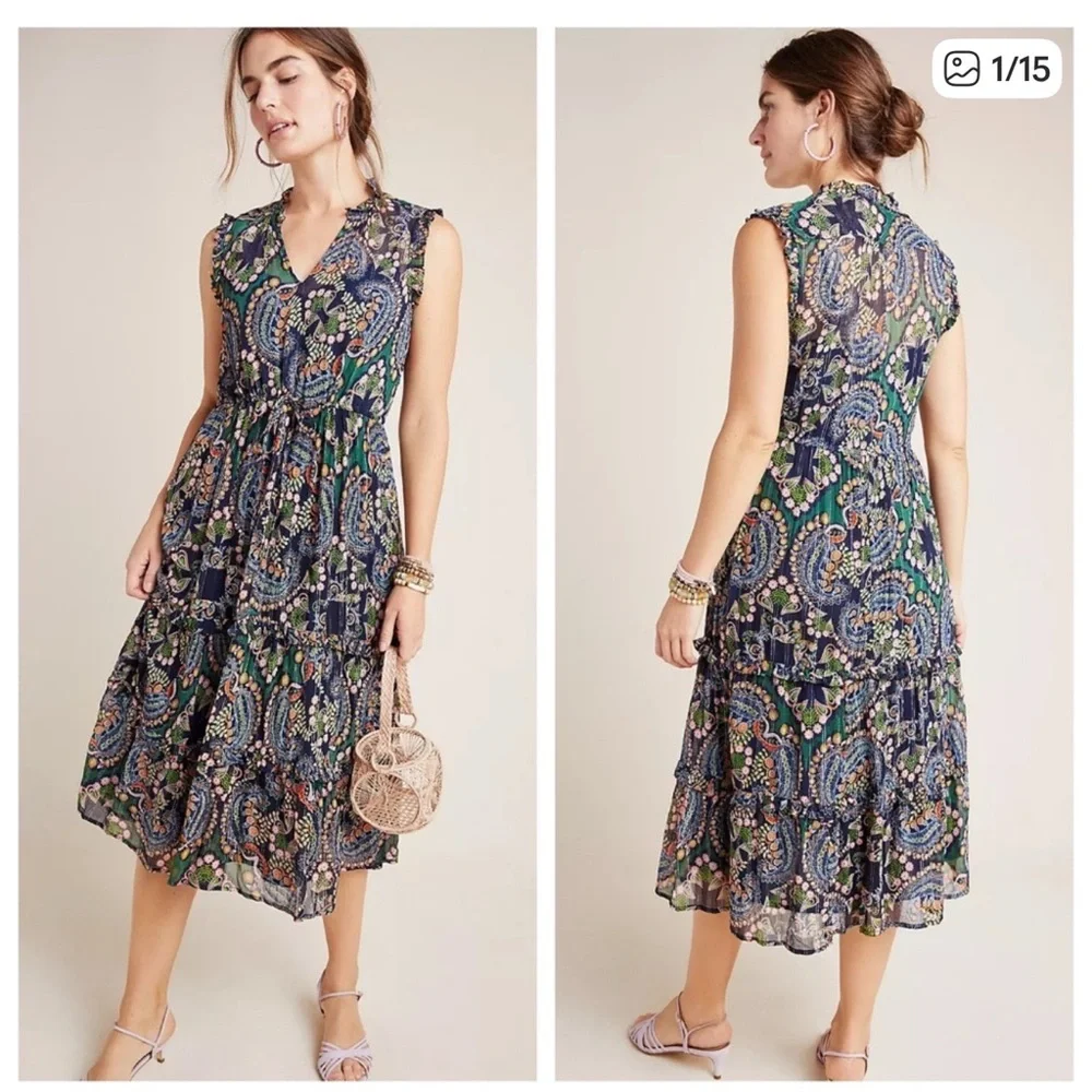 NWOT Anthropologie Multicolor Paisley Elmira Ruffled Midi Dress Size 8 - Picture 1 of 5